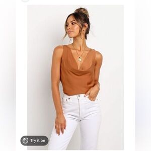 Petal & Pup Rust Brown Satin Cowl Neck Tank Top